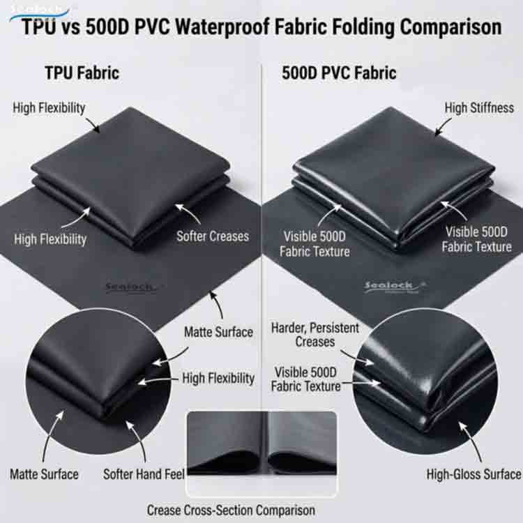 Comparative samples of TPU laminated fabric and traditional PVC coated fabric in terms of weight and flexibility