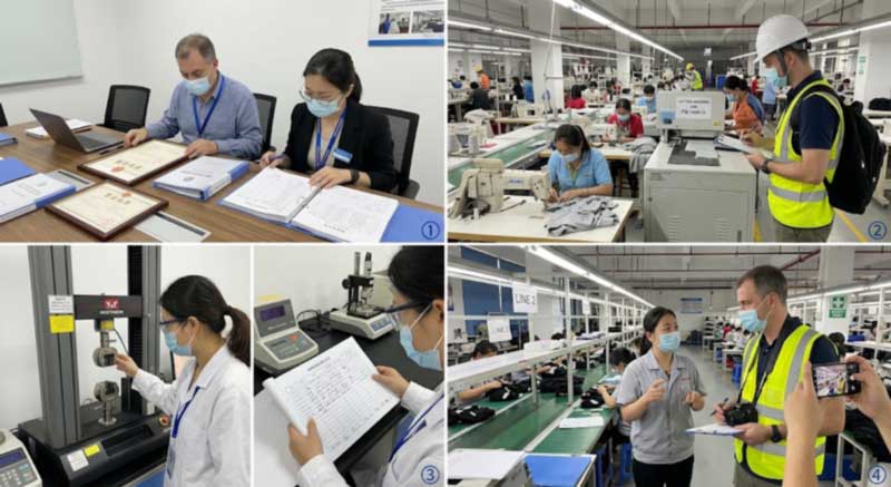 Auditor reviewing licences and QMS records, counting equipment on the production floor, checking calibration records, and interviewing line supervisors
