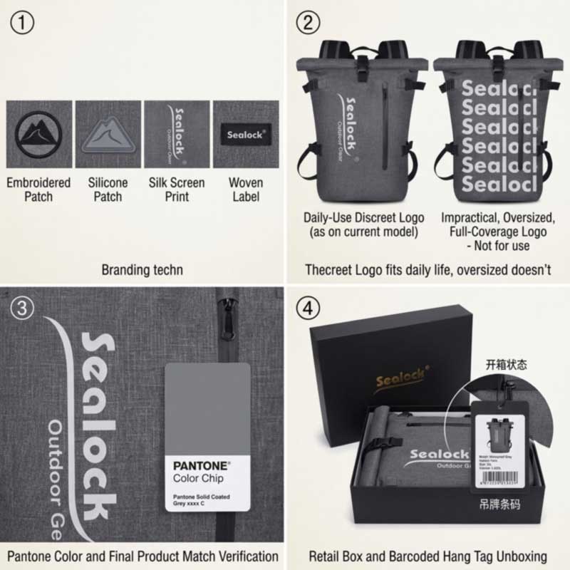 Embroidery, rubber patch, silkscreen and woven label on the same bag, restrained versus oversized logo placement, Pantone matching, and gift box packaging